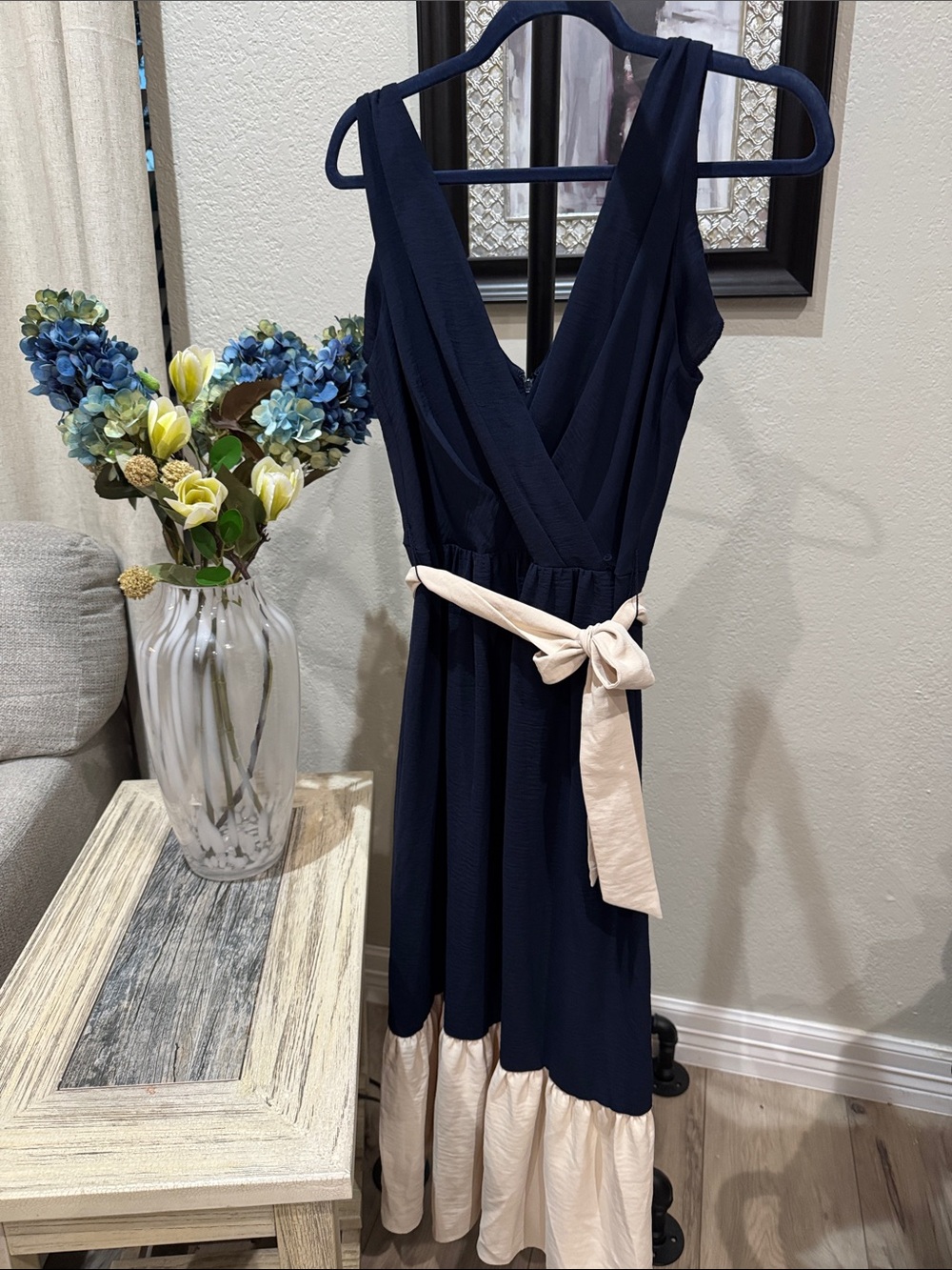 DKNY Navy Maxi Dress with Cream Belt & Hem Detail